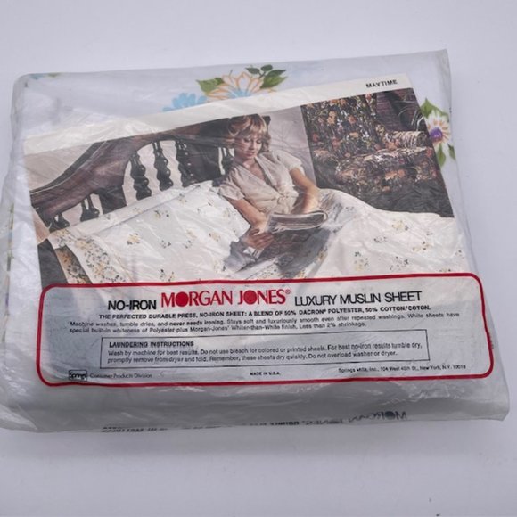 Vintage Morgan Jones Flower Floral Maytime Double Flat Sheet Blue Muslin USA - Picture 3 of 5
